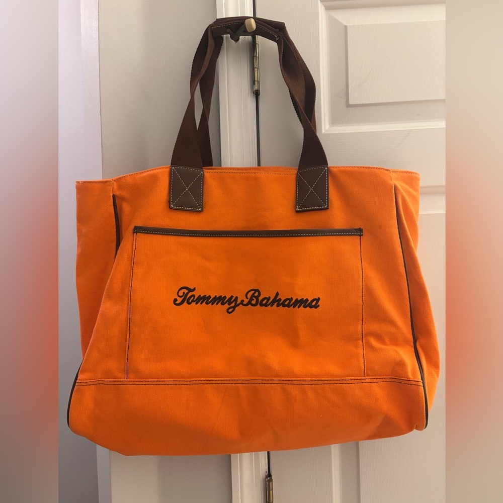Tommy Bahama Bright Orange Tote with Brown Straps